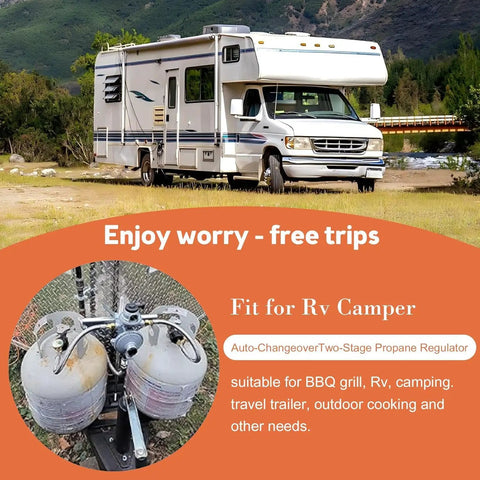 RV with dual propane tanks, showcasing Stainless Steel Braided 18 Inch RV Propane Hose With Gauge Pack Of Two For Standard Two Stage Regulator Fittings One Quarter Inch NPT To QCC1 Quick Connect CSA Certified For Camper, Grill And Outdoor Use, against a mountain backdrop.