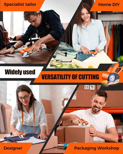 Four people using Cordless Cardboard Cutter With 800 RPM Brushless Motor Built Like A Beast in different tasks and settings