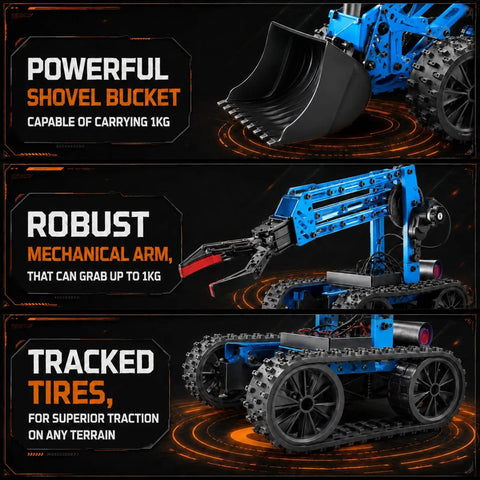 4DOF Robotic Arm Kit For Kids 8 Plus STEM Robot Toy For Boys And Girls Kid Friendly DIY Electronics And Programming Educational Robotics Set Hands On Science Project Perfect Gift For Christmas And Birthday, blue metal tracked base with shovel bucket