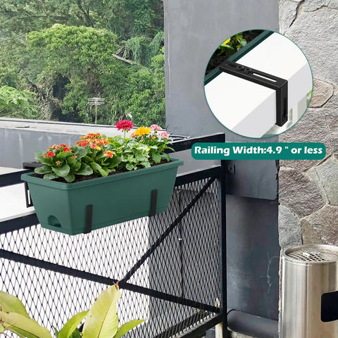 Four Pack Adjustable Railing Planter Boxes 16.9 Inch Window Flower Boxes With Metal Brackets For Balcony Fence Deck No Fuss Easy Install Indoor Outdoor Use Fits Railings Up To 4.9 Inches Detachable Support System Green