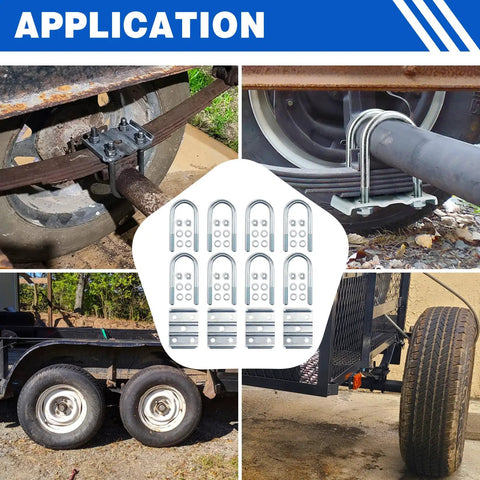 Heavy Duty Trailer U Bolt Kit For 3500 Lb Axles Two Three Eighths Inch Round Eight Piece Set for leaf spring mounting application