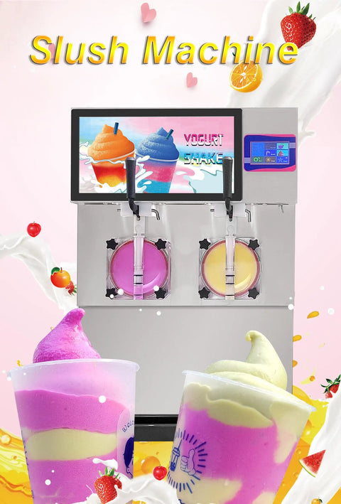 Commercial Dual Tank Ice Slush Machine For Top Shelf Margaritas And Creamy Milkshakes With Smart Freeze Tech and heavy duty build.