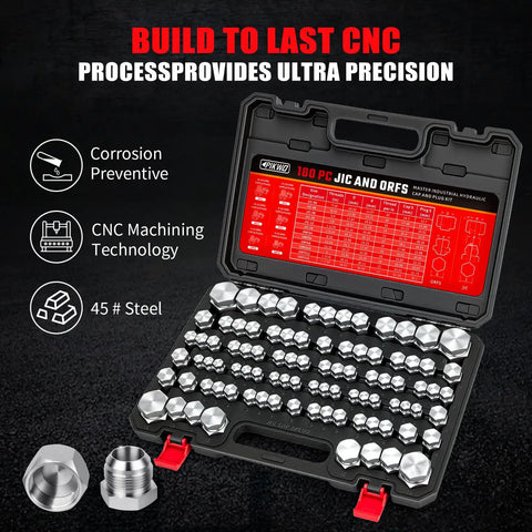 Pikwo 180 Pc Master Industrial Hydraulic Cap And Plug Kit For Hose Tube Pipe Fitting, showcasing CNC machined steel caps and plugs.