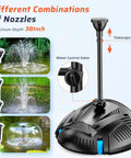 Pond Filter Box With U-V Clarifier And 660GPH Fountain Pump Kit For 1180 Gal Ponds showing nozzle combinations and telescopic rod
