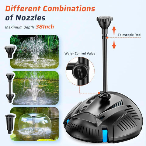 Pond Filter Box With U-V Clarifier And 660GPH Fountain Pump Kit For 1180 Gal Ponds showing nozzle combinations and telescopic rod