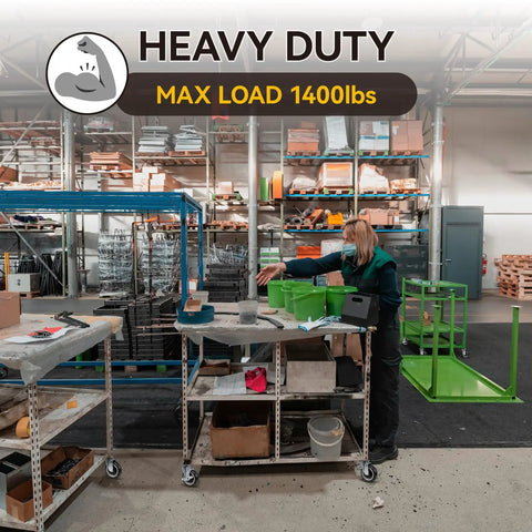 Heavy Duty 5 Inch Swivel Caster Wheels Set Of 4 Built Like A Tank For Heavy Loads on an industrial cart, max load 1400 lbs.