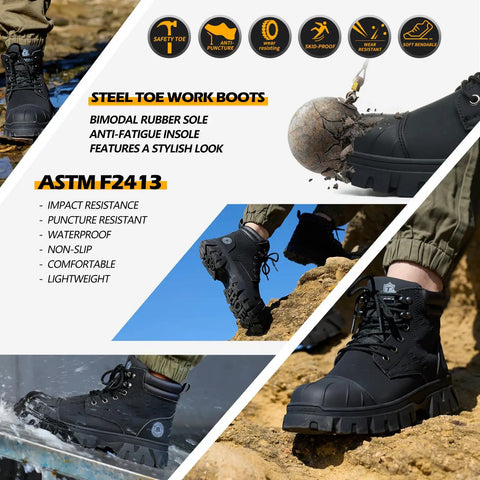Waterproof Steel Toe Boots For Men 6 Inch Leather Work Shoes Non Slip Safety Construction Boots Indestructible Lightweight Durable Rubber Outsole Kevlar Midsole Black US Size 7.5