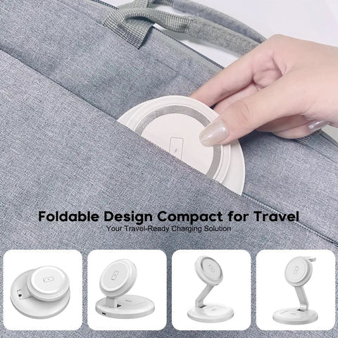 Hand placing MagSafe 3 In 1 Wireless Charging Station Dock in gray bag, showing foldable travel design, compact charger storage.