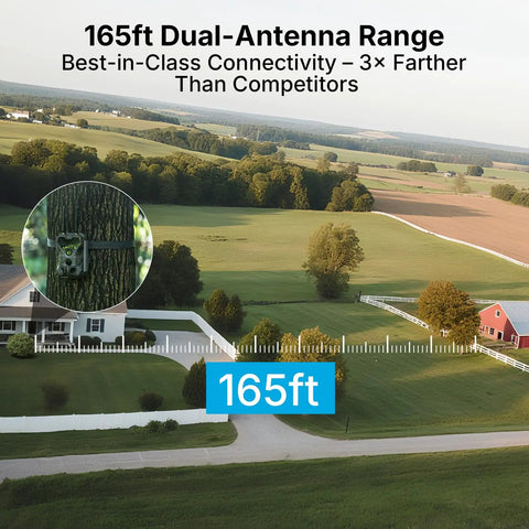 Slick Non Cellular Wifi Trail Camera With Dual Antenna And Beefy 7800 Mah Battery shown mounted on a tree with a range of 165ft.