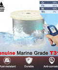 Marine Grade One Eighth Inch T316 Stainless Steel Wire Cable spool with rust-resistant properties, testing device in use.