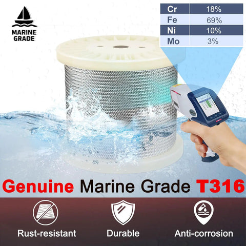 Marine Grade One Eighth Inch T316 Stainless Steel Wire Cable spool with rust-resistant properties, testing device in use.