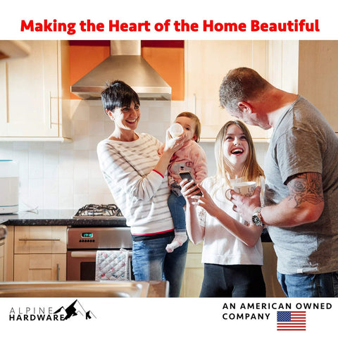 Family enjoying time in a modern kitchen, promoting Alpine Hardware's Solid Stainless Steel Euro Style Bar Cabinet Pulls product range.