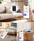 Dope MagSafe Wallet with Money Clip and Find My Tracking for iPhone 12-17, showing Find My app on phone screen near couch and basket