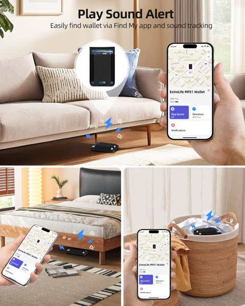 Dope MagSafe Wallet with Money Clip and Find My Tracking for iPhone 12-17, showing Find My app on phone screen near couch and basket