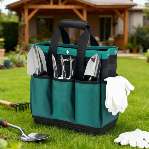 Heavy Duty Garden Tool Tote With Molded Bottom And 10 Pockets Reinforced Go To Workhorse Tool Bag Top Snap Closures For Spill Proof Transport Rugged 600D Oxford Dark Green Tools Not Included