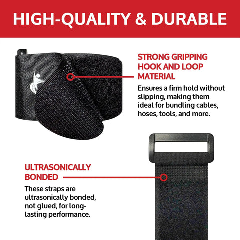 Reusable Cinch Straps 2x40 Inches Pack Of 6 Black Heavy Duty Tie Down Straps with hook and loop showing strong grip and bonding details