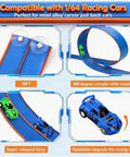 Portable 15 Foot Flexible Race Car Track Set For Kids With One Sixty Four Scale Rebound Cars Rolls Up Track With Strong Suction Cups DIY Car Track Toy Awesome Gift For Boys And Girls Ages Three And Up featuring blue race track sections, green and blue 1/64 cars, and suction cups.