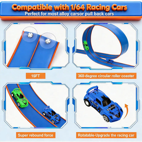 Portable 15 Foot Flexible Race Car Track Set For Kids With One Sixty Four Scale Rebound Cars Rolls Up Track With Strong Suction Cups DIY Car Track Toy Awesome Gift For Boys And Girls Ages Three And Up featuring blue race track sections, green and blue 1/64 cars, and suction cups.