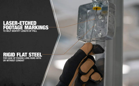 Solid 25 Foot Fish Tape With Beefy 1/8 Inch Tempered Spring Steel designed for smooth wire pulling, shown in use with visible markings.