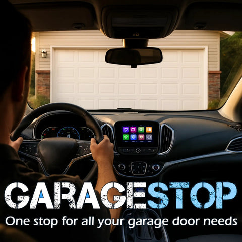 Car interior with driver facing a closed garage, highlighting Replacement Garage Door Opener Remote Clicker For Linear Multi Code 300 MHz 10 Dip Switch Gate Opener 3089 308911 MCS308911 Dual Pack Slim Transmitter Works With 1090 1099 3021 3028 Receivers use.