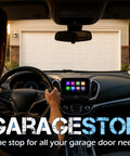 View from car interior approaching garage, Two Pack Multi Code Garage Door Opener Remote 3089 MCS412001 visible on dash.