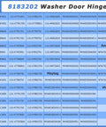 8183202 Washer Door Hinge replacement compatibility chart for Whirlpool Kenmore Maytag Amana models.