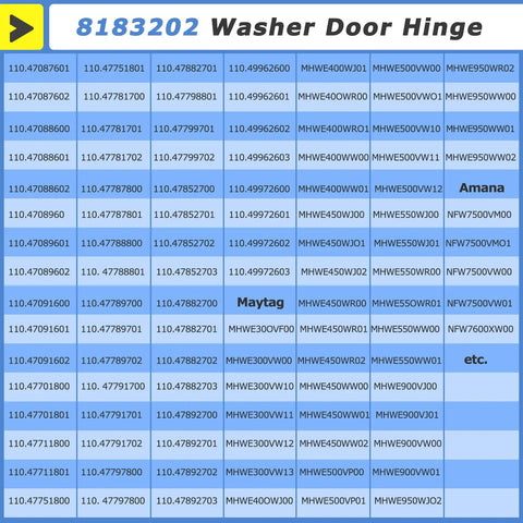 8183202 Washer Door Hinge replacement compatibility chart for Whirlpool Kenmore Maytag Amana models.
