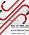 Hella Tough Brake Caliper Hooks With Thick Rubber Pads For Straightforward Disc Service And Pro Level Suspension Overhauls Set Of Two Bright Red Clamps laid on a surface.