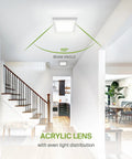 Lit 9 Inch LED Square Flush Mount Ceiling Light 18W 1270 Lumens 3000K 4000K 5000K 3CCT Dimmable Ultra Slim ETL Listed White Surface Lamp For Bedroom Ceiling Energy Efficient Easy Install Pack Of 6 installed in hallway, showcasing acrylic lens with even light distribution.