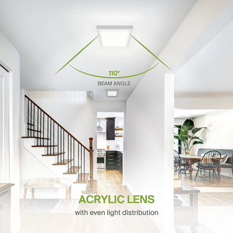 Lit 9 Inch LED Square Flush Mount Ceiling Light 18W 1270 Lumens 3000K 4000K 5000K 3CCT Dimmable Ultra Slim ETL Listed White Surface Lamp For Bedroom Ceiling Energy Efficient Easy Install Pack Of 6 installed in hallway, showcasing acrylic lens with even light distribution.