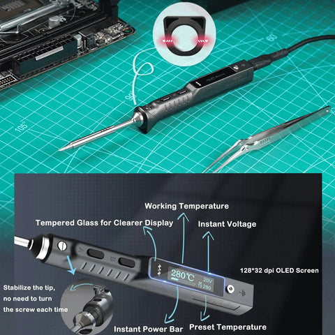 Close-up of Programmable PD DC Soldering Iron Kit Mini Portable Station with OLED display showing temperature details.