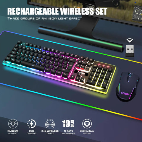 Wireless Gaming Keyboard And Mouse Combo With LED Backlit Rechargeable 3800mAh Battery Mechanical Feel Anti-Ghosting Keyboard