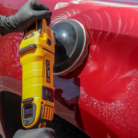 Pro Level Car Buffing And Polishing Kit With Eight Inch Waffle Foam Pads being used on red car surface for glossy finish.