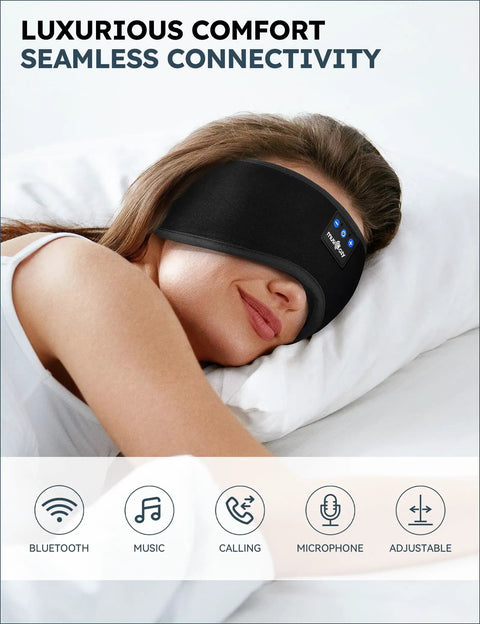 Woman wearing Wireless Sleep Headphones With Sleep Mask Headband And Earbuds, Bluetooth 5.4 for side sleepers, HD stereo speakers