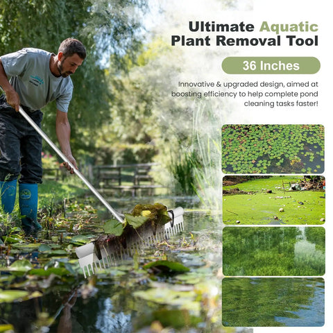 Person using Floating Lake Weed Rake With 134 Inch Extension Handle And 20 Foot Rope to clear pond weeds and algae