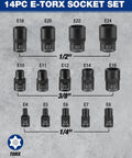 14PC E Torx Socket Set with sizes E4 to E24 in 1/4, 3/8, 1/2 inch drive sizes, Heavy Hitter E Torx Socket Set With Quick Change Adapter Kit 1 4 3 8 1 2 Inch Drive Sizes Pro Grade Cr V Steel Ratchet Tool For Beast Mode Auto Repairs And Shop Side Hustles That Run Sweet As Silk.