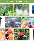 Complete Two Hundred Fifty Foot Drip Irrigation Kit For Gardens No Fuss Setup With Half Inch Main Hose And Quarter Inch Distribution Tubing showing misting nozzle, emitter vortex, and emitter stream