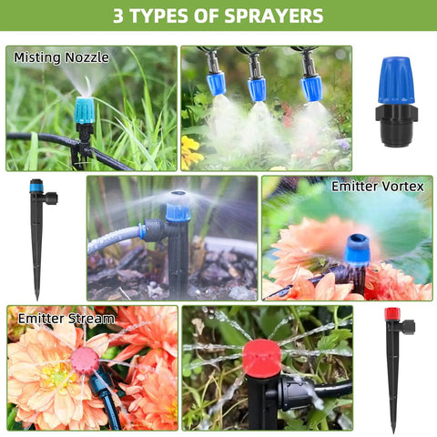 Complete Two Hundred Fifty Foot Drip Irrigation Kit For Gardens No Fuss Setup With Half Inch Main Hose And Quarter Inch Distribution Tubing showing misting nozzle, emitter vortex, and emitter stream