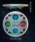 Top view of Dope Kid Friendly RC UFO Airplane with color lights, labeled dimensions 17.2cm diameter, 3cm height, against starry background.