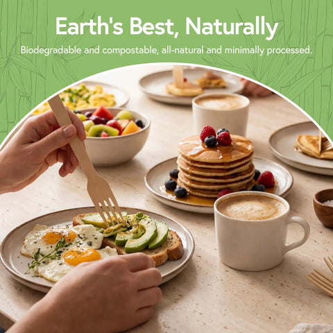 Real Deal Bamboo Forks Bulk Pack, Super Sturdy And Fully Home Compostable Disposable Cutlery For Tailgates, Potlucks And No Sweat Cleanup, Straight Up Green Alternative used for breakfast meal with eggs and avocado.