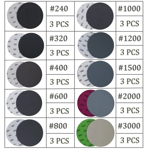 5 Inch No Hole Sanding Discs Set, 30 Pieces, 10 Grits From 240 To 3000, 3 Discs Each, Wet Dry Sandpaper For Random Orbital Sanders