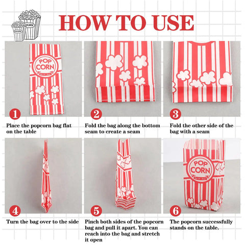 Step-by-step assembly of 100 Pack 1 Oz Popcorn Bags For Popcorn Machines And Movie Nights, showing folding and opening.