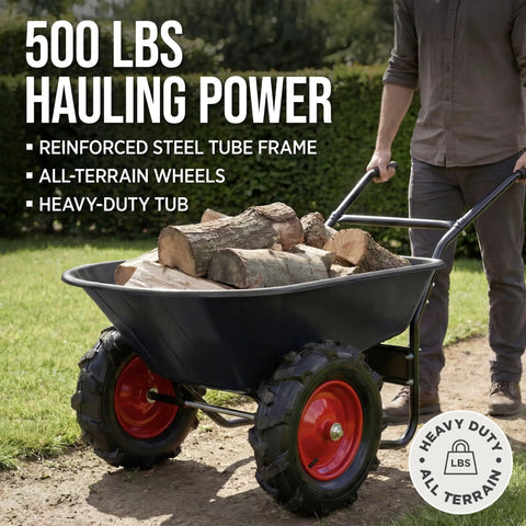 Heavy Duty Dual Wheel Workhorse Wheelbarrow Garden Cart With 500 Lb Capacity Extra Large Wheels Built In Stand Jet Black carrying logs