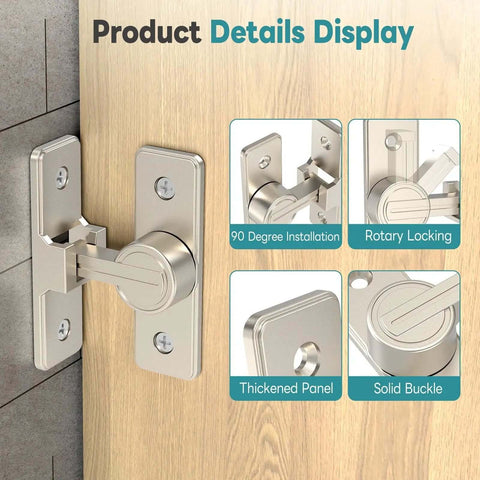 Product details of Heavy Duty 90 Degree Barn Door Lock With Zinc Alloy Build, showing latch, rotary lock, and buckle features, nickel finish.
