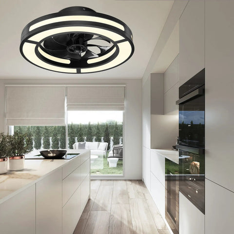 Compact 19 Inch Ceiling Fan With Lights And Smart App Control, Remote Included, Low Profile Flush Mount in modern kitchen