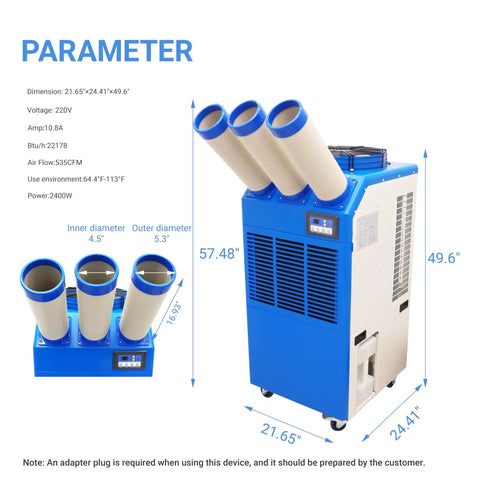 Badass Heavy Duty Spot Cooler 22178 BTU 220V showing dimensions and specifications for industrial cooling applications.