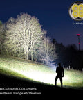 SP36 Pro Rechargeable LED Flashlight 8000 Lumens, 4X SST40 6500K, night use in outdoor setting, silhouette in beam
