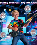 Boy playing CL Funny Kids Electric Stringless Guitar With DJ Turntable And Lights in colorful setting, showcasing creativity and fun.