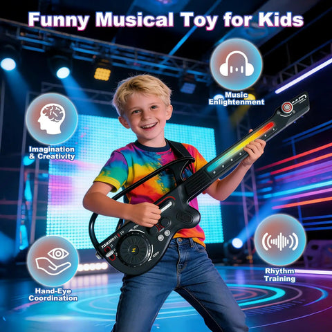 Boy playing CL Funny Kids Electric Stringless Guitar With DJ Turntable And Lights in colorful setting, showcasing creativity and fun.
