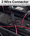 Heavy Duty 12 Awg Quick Disconnect Power Wire Harness Bulletproof Polarized 2 Pin Pure Copper Plug Built Tight Automotive Electrical Heavy Gauge Terminal Set with connectors on a battery.